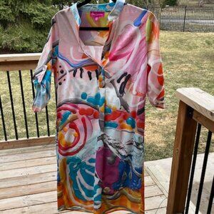 Canadian Designer Claire Desjardins Tab Sleeve Abstract Art Popover Shirt Dress